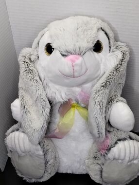 Medium Plush Gray and White Bunny with Pink Accents and Pastel Ribbon